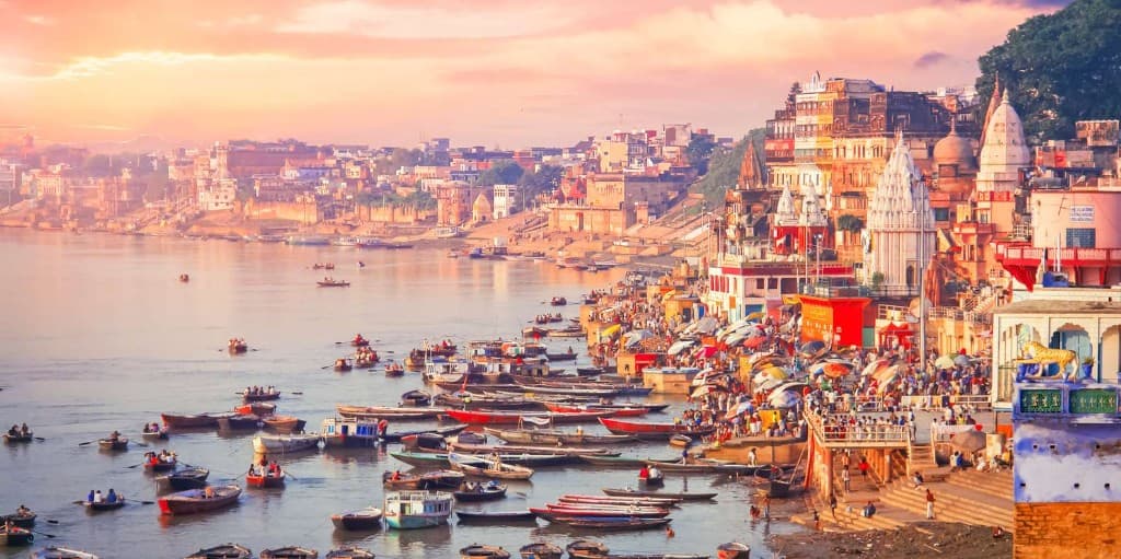 Varanasi ghats along the Ganges at sunrise