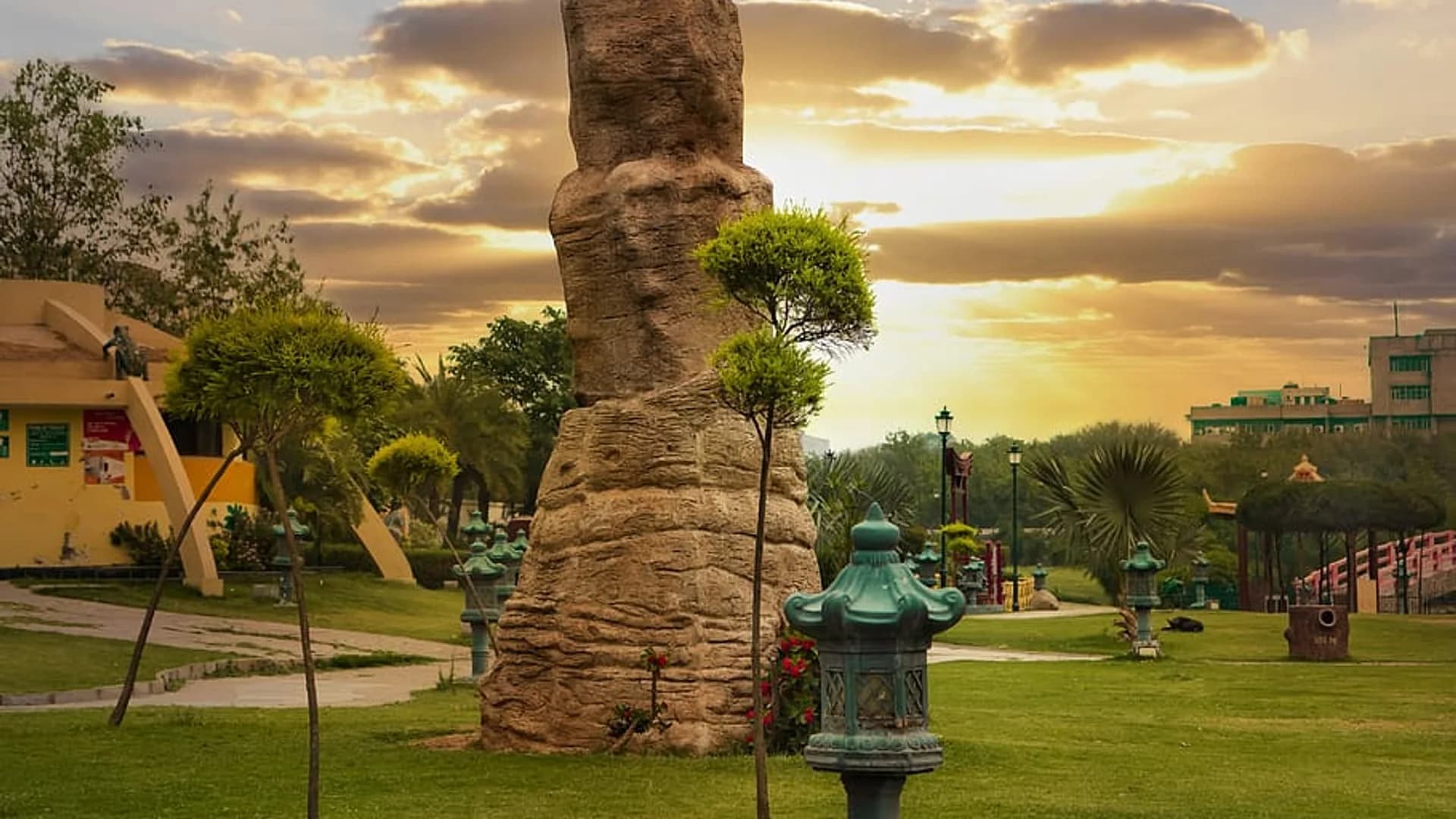 Rock Garden sculpture park in Chandigarh at golden hour