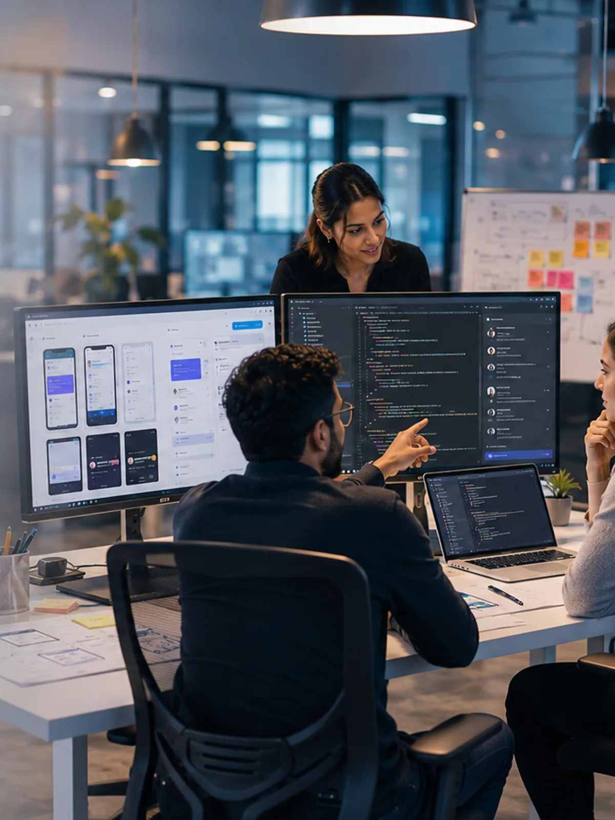 Mantravi engineers collaborating on code and mobile UI designs
